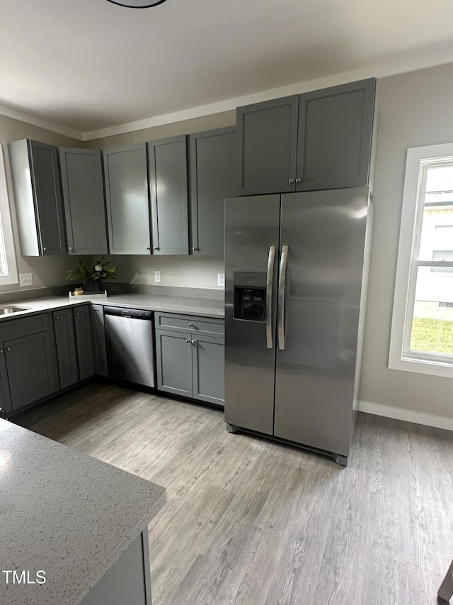 1849 N Main St, Roxboro, NC 27573 - kitchen featuring appliances with stainless steel finishes, light wood-style floors, light countertops, and gray cabinets