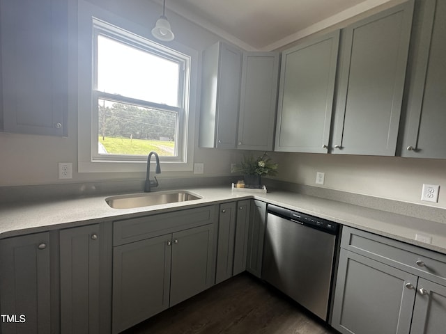 1849 N Main St, Roxboro, NC 27573 - kitchen featuring dishwasher, gray cabinetry, dark wood-type flooring, and light countertops