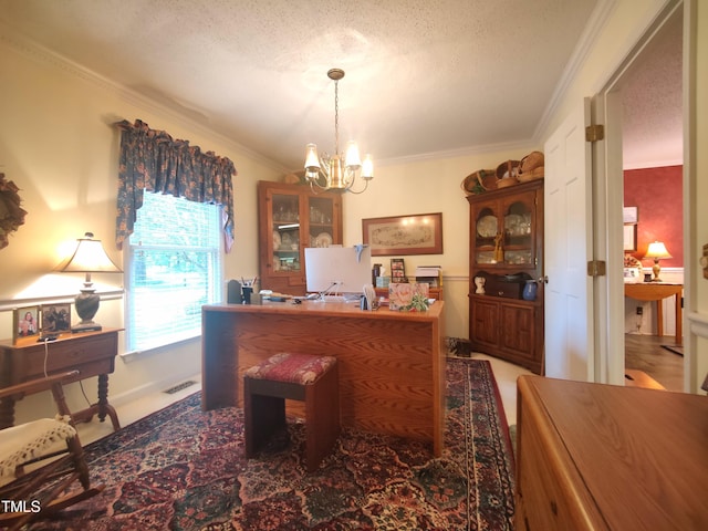 6517 Whitted Rd, Fuquay Varina, NC 27526 - home office featuring a chandelier, ornamental molding, and a textured ceiling