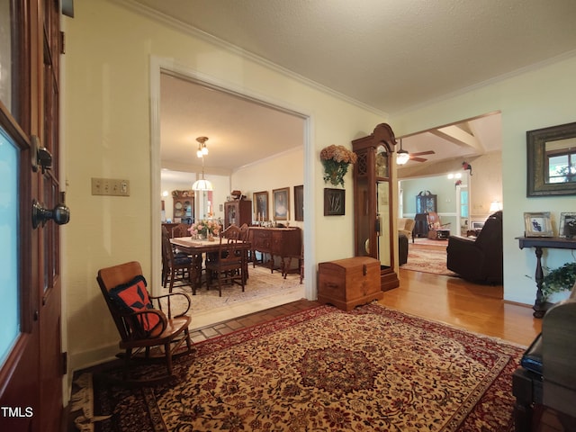 6517 Whitted Rd, Fuquay Varina, NC 27526 - living room featuring ornamental molding and a ceiling fan