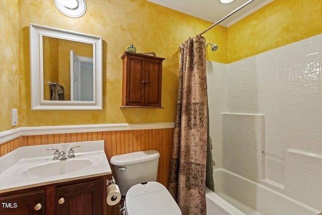 12212 Ashton Woods Ln, Raleigh, NC 27614 - full bathroom with shower / bath combination with curtain, vanity, ornamental molding, and wainscoting
