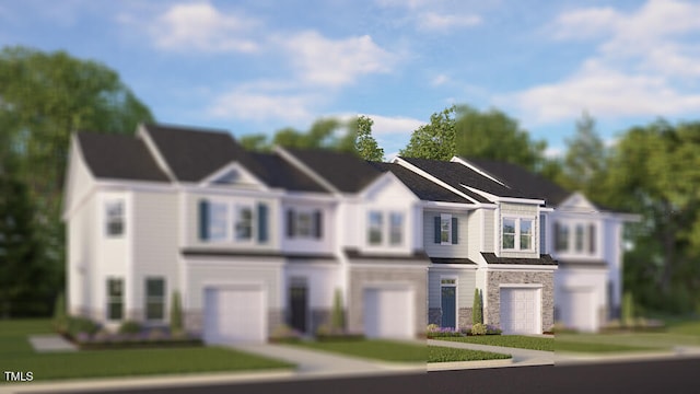 1923 Hinesley Dr, Durham, NC 27703 - view of front facade with an attached garage, stone siding, a front lawn, and driveway