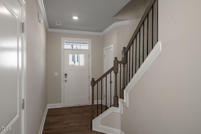 1923 Hinesley Dr, Durham, NC 27703 - entryway featuring wood finished floors, crown molding, stairway, and recessed lighting