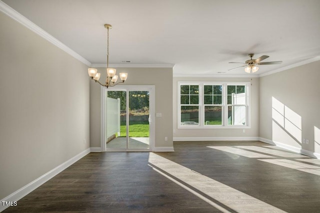 1923 Hinesley Dr, Durham, NC 27703 - unfurnished room with healthy amount of natural light, wood finished floors, a chandelier, crown molding, and ceiling fan