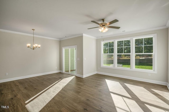 1923 Hinesley Dr, Durham, NC 27703 - spare room with a chandelier, dark wood-style flooring, a ceiling fan, and ornamental molding