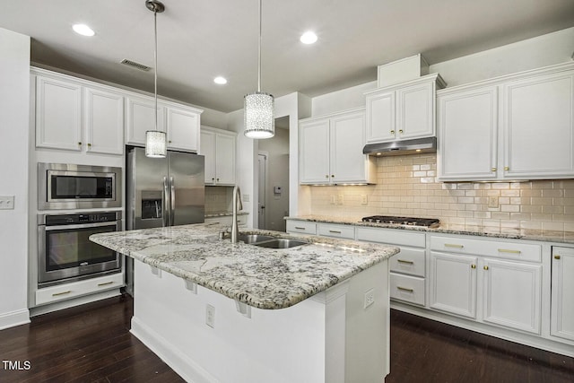 261 Begen St, Morrisville, NC 27560 - kitchen with appliances with stainless steel finishes, under cabinet range hood, dark wood-style floors, white cabinets, and decorative backsplash
