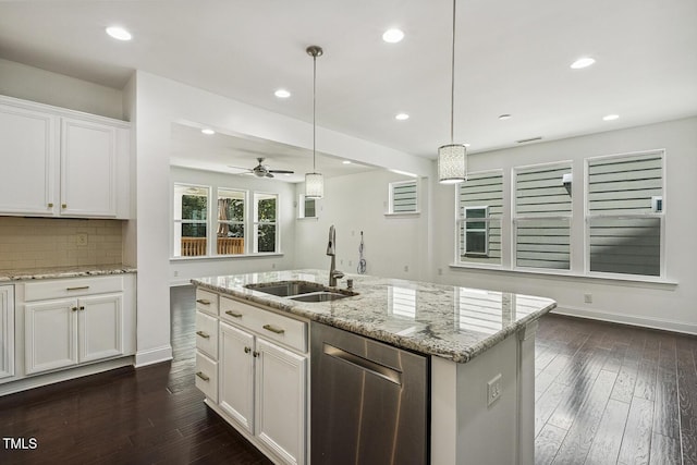261 Begen St, Morrisville, NC 27560 - kitchen with dishwasher, white cabinetry, decorative light fixtures, recessed lighting, and backsplash