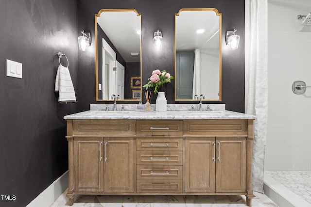 317 Reade Rd, Chapel Hill, NC 27516 - bathroom with double vanity and a tile shower