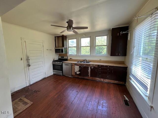 401 Division St, Norlina, NC 27563 - kitchen with stainless steel appliances, dark wood-style floors, a ceiling fan, and light countertops