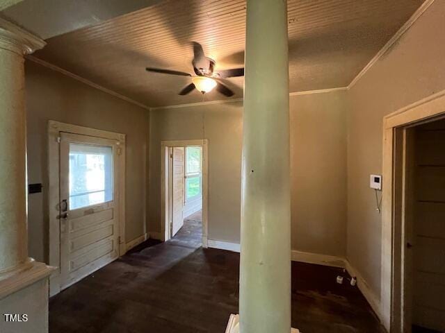 401 Division St, Norlina, NC 27563 - foyer entrance featuring ornate columns, ceiling fan, crown molding, and wood finished floors