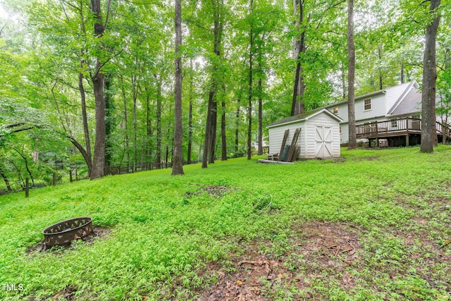 5313 Falkirk Dr, Durham, NC 27712 - view of green lawn featuring an outdoor fire pit, a shed, and a deck
