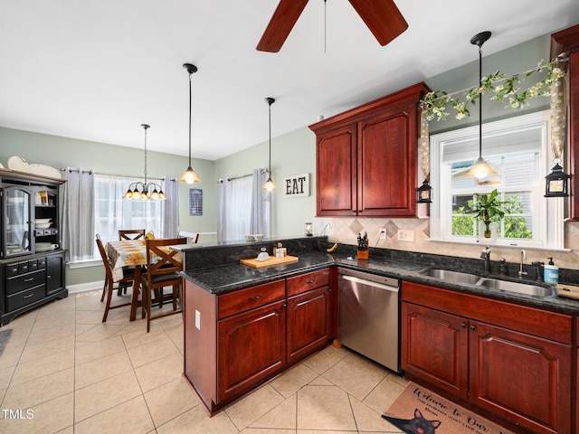 171 Winding Oak Way, Clayton, NC 27520 - kitchen featuring dishwasher, decorative backsplash, a ceiling fan, and a peninsula
