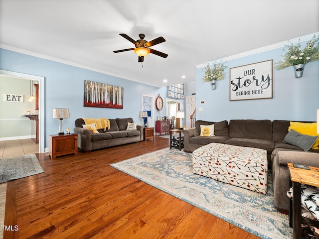 171 Winding Oak Way, Clayton, NC 27520 - living room with crown molding, ceiling fan, wood finished floors, and recessed lighting