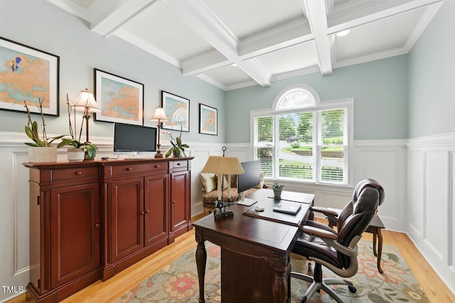 137 Forked Pine Ct, Chapel Hill, NC 27517 - home office with light wood-type flooring, coffered ceiling, beam ceiling, wainscoting, and a decorative wall