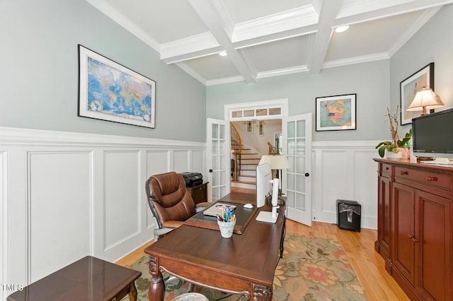 137 Forked Pine Ct, Chapel Hill, NC 27517 - office space with a decorative wall, beamed ceiling, coffered ceiling, ornamental molding, and light wood-type flooring