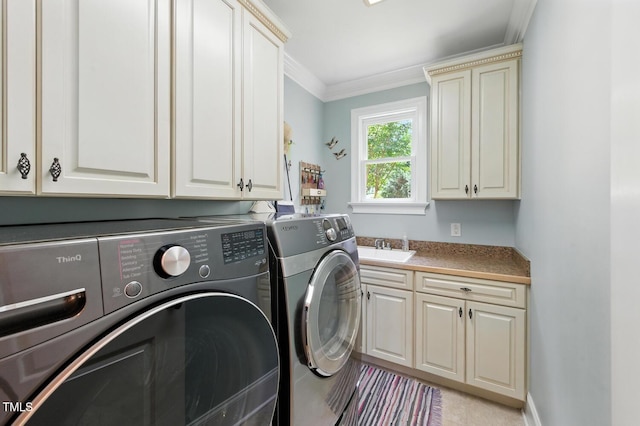 137 Forked Pine Ct, Chapel Hill, NC 27517 - laundry area featuring cabinet space, independent washer and dryer, and ornamental molding