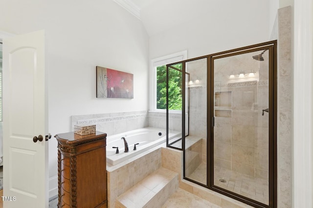137 Forked Pine Ct, Chapel Hill, NC 27517 - bathroom with a garden tub, a stall shower, tile patterned floors, and crown molding