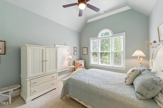 137 Forked Pine Ct, Chapel Hill, NC 27517 - bedroom with vaulted ceiling, light colored carpet, crown molding, and a ceiling fan