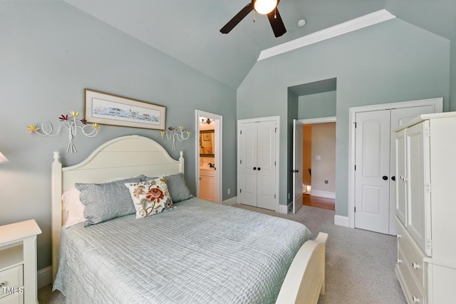137 Forked Pine Ct, Chapel Hill, NC 27517 - carpeted bedroom with multiple closets, high vaulted ceiling, connected bathroom, a ceiling fan, and crown molding