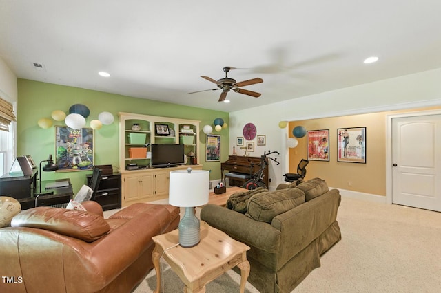 137 Forked Pine Ct, Chapel Hill, NC 27517 - living room featuring ceiling fan, light carpet, and recessed lighting