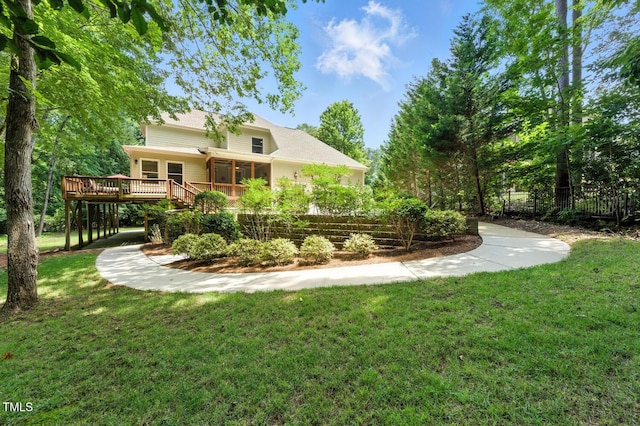 137 Forked Pine Ct, Chapel Hill, NC 27517 - view of yard featuring a deck, a sunroom, and stairs