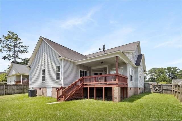 1605 Stanford Ct, Fayetteville, NC 28314 - rear view of house featuring a fenced backyard, a wooden deck, stairs, and a shingled roof