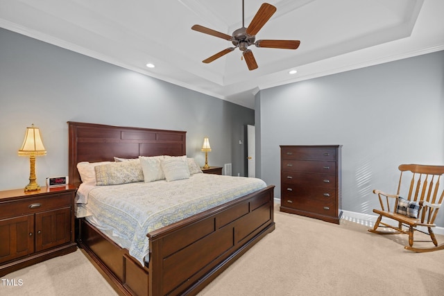 3608 Smoky Chestnut Ln, Raleigh, NC 27615 - bedroom featuring a tray ceiling, ornamental molding, light colored carpet, recessed lighting, and ceiling fan