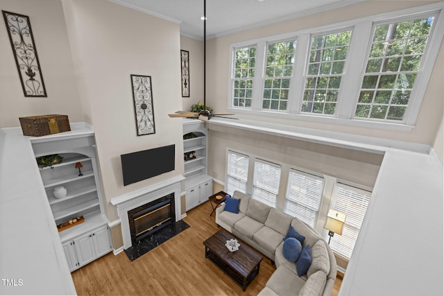 3608 Smoky Chestnut Ln, Raleigh, NC 27615 - living area with light wood-style floors, a fireplace, and crown molding