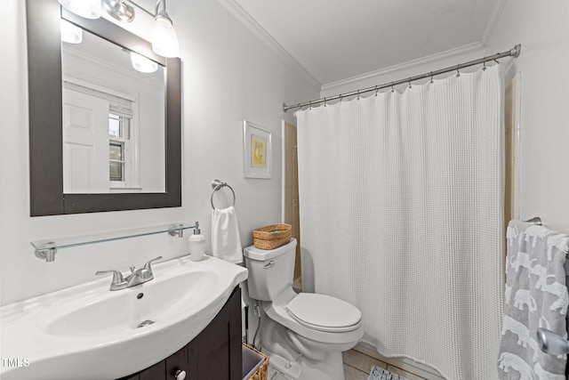 1300 Dylan Heath Ct, Raleigh, NC 27608 - bathroom with ornamental molding, vanity, and a shower with shower curtain