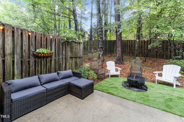 1300 Dylan Heath Ct, Raleigh, NC 27608 - fenced backyard with a patio area and an outdoor living space with a fire pit