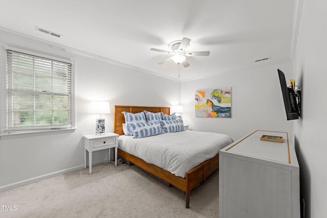 1300 Dylan Heath Ct, Raleigh, NC 27608 - carpeted bedroom featuring crown molding and a ceiling fan