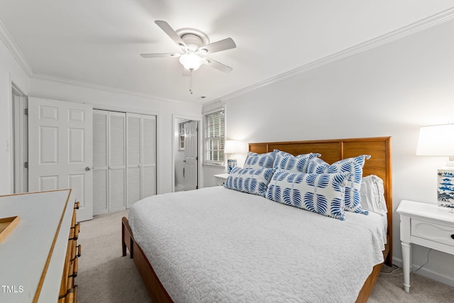 1300 Dylan Heath Ct, Raleigh, NC 27608 - bedroom with light colored carpet, crown molding, ceiling fan, and a closet