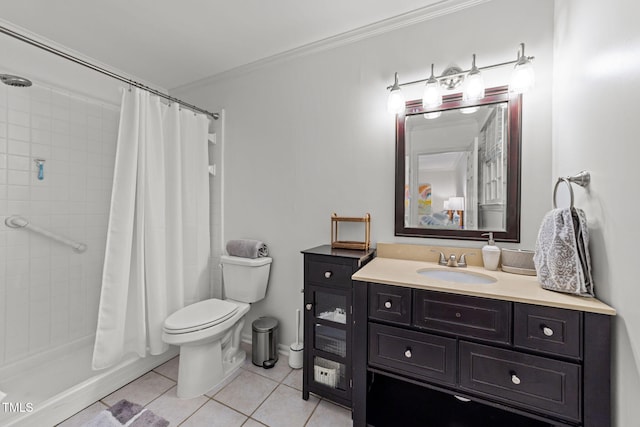 1300 Dylan Heath Ct, Raleigh, NC 27608 - bathroom with tile patterned floors, vanity, curtained shower, and crown molding