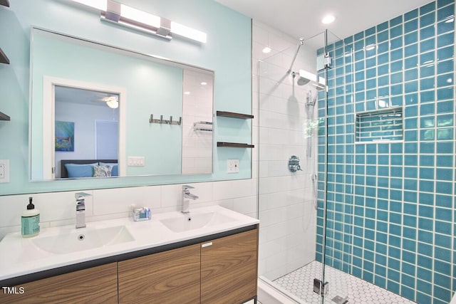1026 Highland Woods Rd, Chapel Hill, NC 27517 - full bathroom featuring double vanity, a shower stall, ensuite bathroom, and recessed lighting