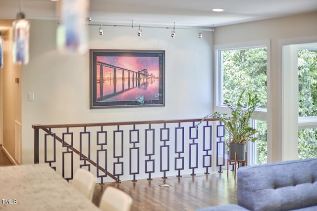 1026 Highland Woods Rd, Chapel Hill, NC 27517 - stairway with wood finished floors and track lighting