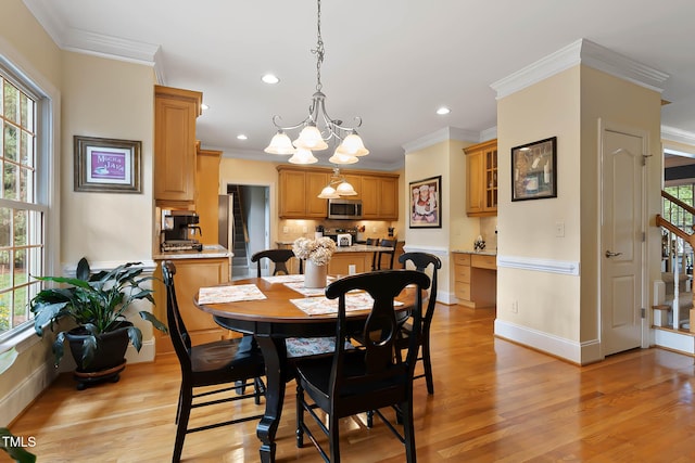 1224 Marshall Farm St, Wake Forest, NC 27587 - dining area featuring a chandelier, healthy amount of natural light, light wood-type flooring, recessed lighting, and crown molding