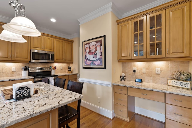 1224 Marshall Farm St, Wake Forest, NC 27587 - kitchen featuring stainless steel appliances, light wood-style floors, light stone countertops, glass insert cabinets, and crown molding