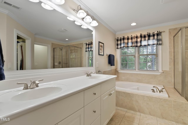 1224 Marshall Farm St, Wake Forest, NC 27587 - full bath with a stall shower, double vanity, a bath, tile patterned flooring, and crown molding