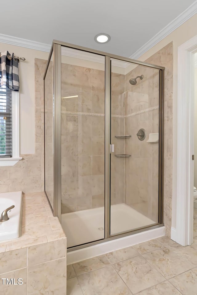 1224 Marshall Farm St, Wake Forest, NC 27587 - bathroom featuring ornamental molding, a stall shower, and a bath