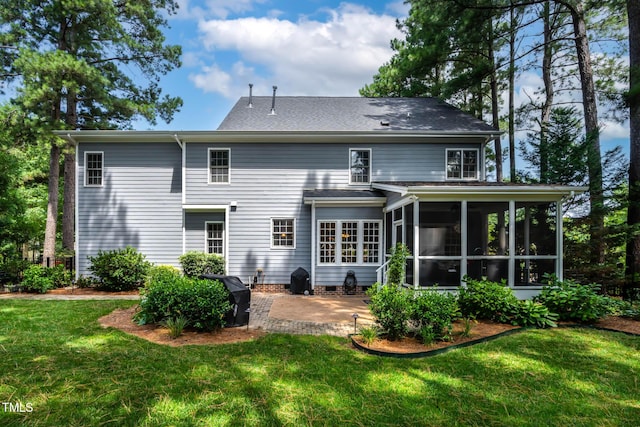 1224 Marshall Farm St, Wake Forest, NC 27587 - back of property featuring a patio, a sunroom, a lawn, and roof with shingles
