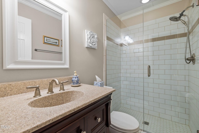 906 Grove St, Chapel Hill, NC 27517 - bathroom featuring vanity, a shower stall, and ornamental molding