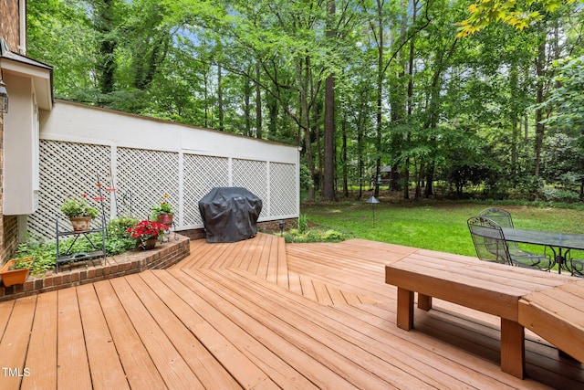 906 Grove St, Chapel Hill, NC 27517 - wooden deck featuring a lawn, view of wooded area, a grill, and outdoor dining area