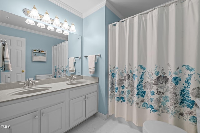 906 Grove St, Chapel Hill, NC 27517 - bathroom with ornamental molding, double vanity, tile patterned flooring, and curtained shower