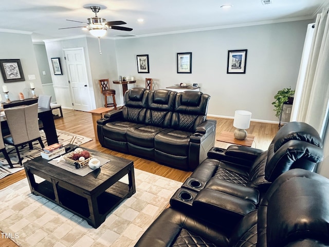 1507 Woodcroft Dr, Raleigh, NC 27609 - living area featuring a ceiling fan, light wood-style floors, crown molding, and recessed lighting
