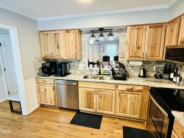 1507 Woodcroft Dr, Raleigh, NC 27609 - kitchen with stainless steel appliances, decorative backsplash, light brown cabinetry, light wood-style flooring, and ornamental molding