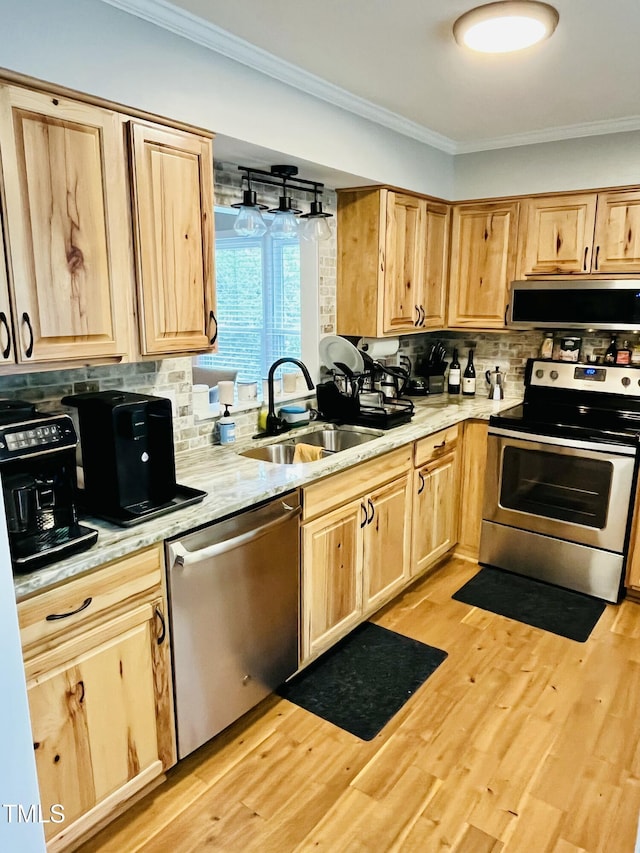1507 Woodcroft Dr, Raleigh, NC 27609 - kitchen featuring stainless steel appliances, light brown cabinets, crown molding, tasteful backsplash, and light wood-type flooring