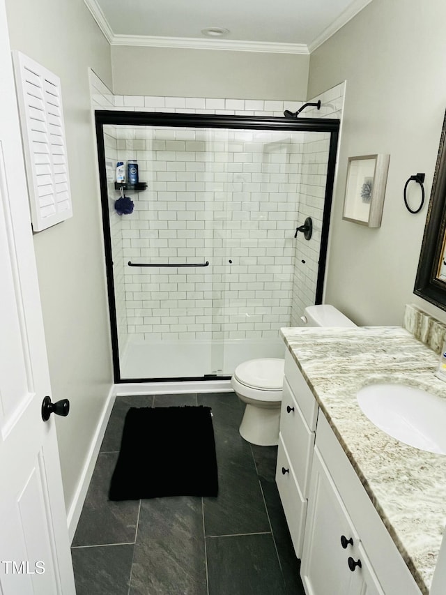1507 Woodcroft Dr, Raleigh, NC 27609 - full bathroom featuring vanity, a stall shower, tile patterned flooring, and crown molding