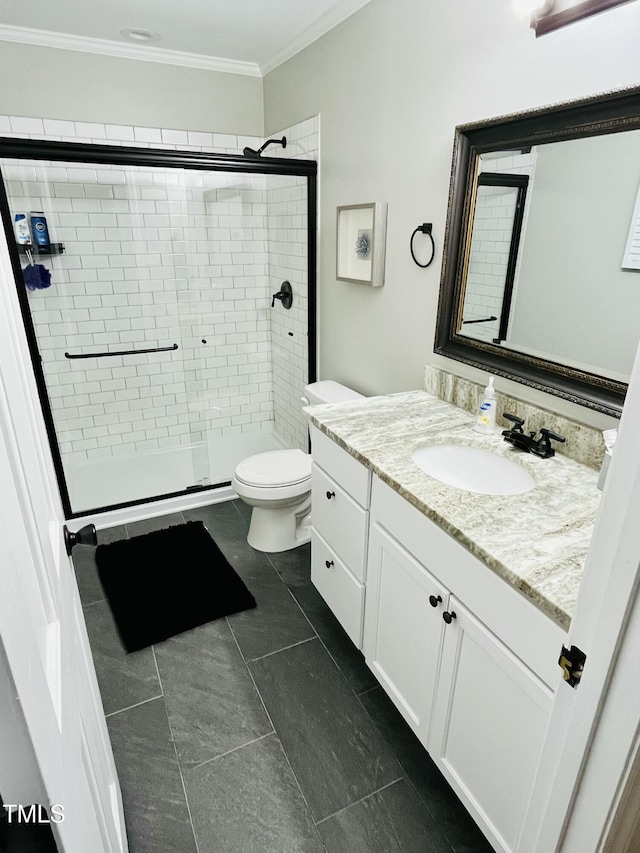 1507 Woodcroft Dr, Raleigh, NC 27609 - full bathroom with vanity, a shower stall, tile patterned flooring, and crown molding