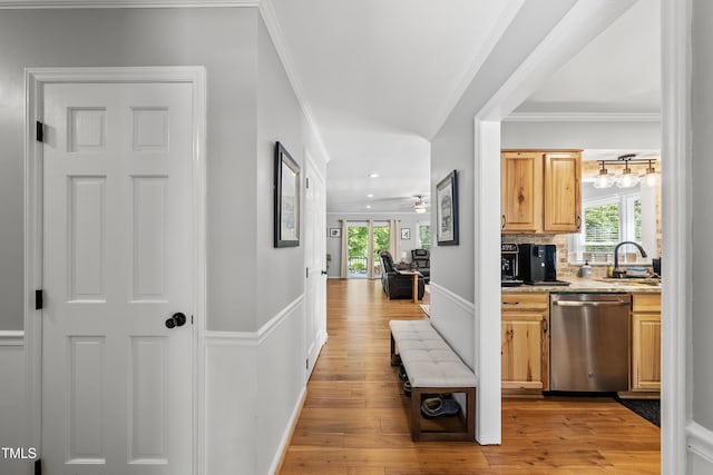 1507 Woodcroft Dr, Raleigh, NC 27609 - hall featuring crown molding, light wood-type flooring, and recessed lighting