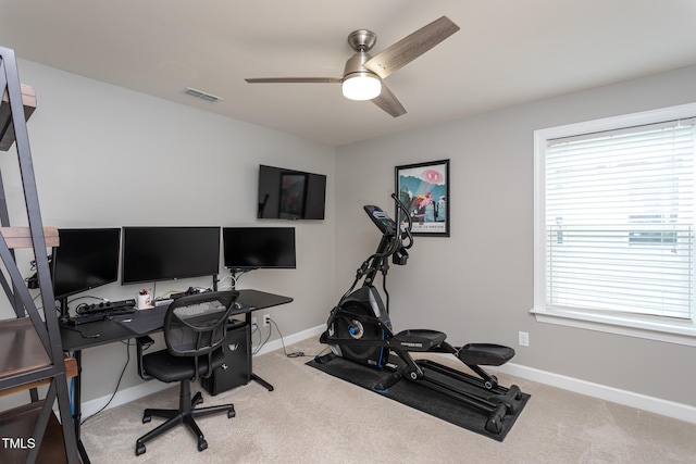 3913 Chapel Oak Dr, Apex, NC 27502 - carpeted home office with ceiling fan and baseboards